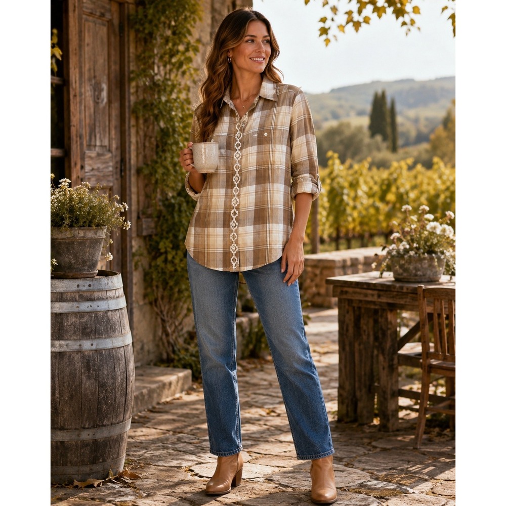 Lauren Ralph Lauren Tan Plaid Shirt Womens M Western Embroidered Twill Brown Top